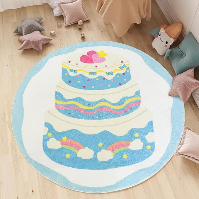 Kids Rug 4Ft Round Cake Bedroom Carpet Circle Blue Playroom Area Rug Rainbow Play Mat for Boys Girls Nursery Living Room Classroom Decor Washable Children Throw Rug, Blue