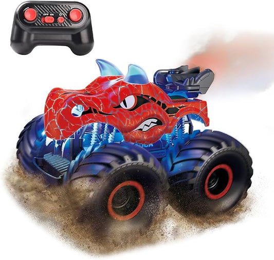 Threeking 1:18 Dinosaur RC Car Remote Control Cars Trucks Toy 4WD Off-Road Car Toys with Lights Spray Suitable for All Terrain Gifts Presents for Boys/Girls Ages 6+ Red