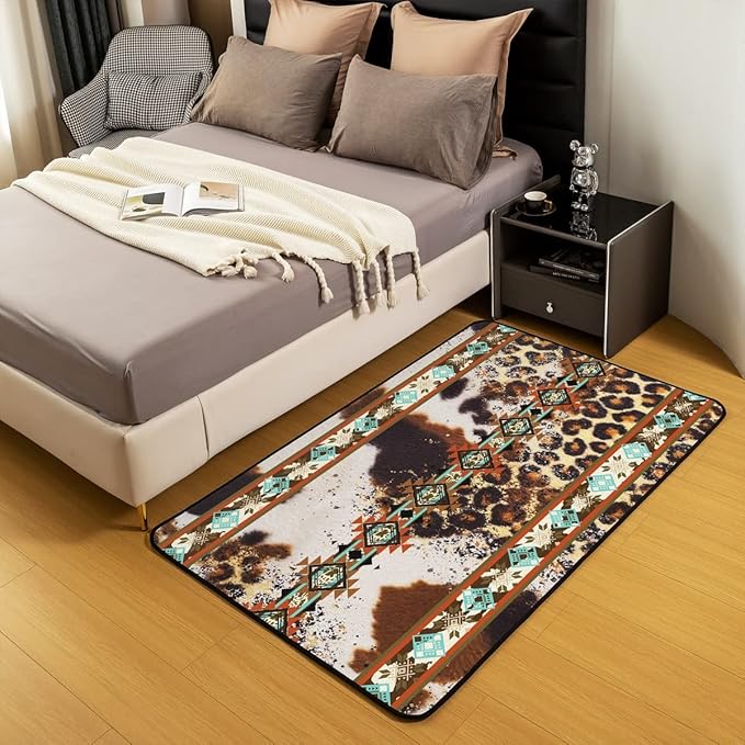Erosebridal Cowhide Area Rug 5x7, Brown Leopard Print Rug, Western Rugs Exotic Aztec Cow Print Carpet for Bedside, Farmhouse Wild Animal Skin Cowboys Living Room Rugs for Men