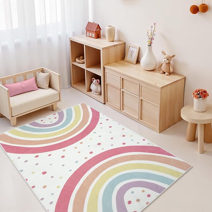 STARUIA Washable Rainbow Area Rug for Girls Bedroom, Colorful 4x6 Nursery Kid Room Rug, Non-Slip Soft Polka Dot Carpet for Classroom Playroom Tent Castle