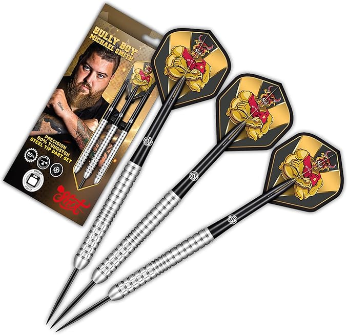 Shot! Darts Steel Tip, Michael Smith Bully Boy Precision (22g/23g/24g/25g), 90% Tungsten Barrel, Handcrafted Professional Dart Set & Flights Made in New Zealand, Metal Tip for Bristle Dartboard