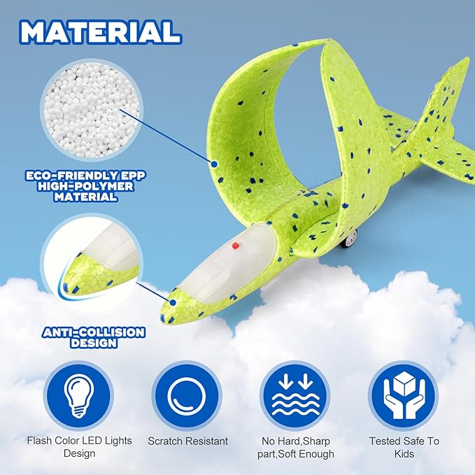 3 Pack Airplane Launcher Toy for Kids, 12.6" LED Foam Glider Plane, 2 Flight Mode Catapult Plane Boy Toys with Stickers, Outdoor Flying Toys Birthday Gifts for 4 5 6 7 8 9 10 12 Year Old Boys Girls