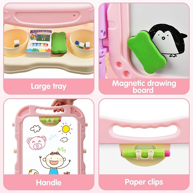 Amagoing Easel for Kids, Adjustable Standing Art Easel for Toddler, Double Side Magnetic Chalk Board with Painting Accessories, Birthday Christmas Gift for Little Boys and Girls, Middle Size Pink