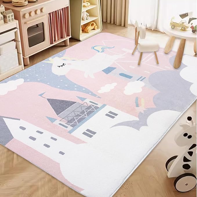 ABREEZE Kids Rug Play Mat, Ultra Soft Pink Unicorn Nursery Rug, 5'x6.6', Non Slip for Kids Room, Baby, Bedroom, Playroom, Living Room