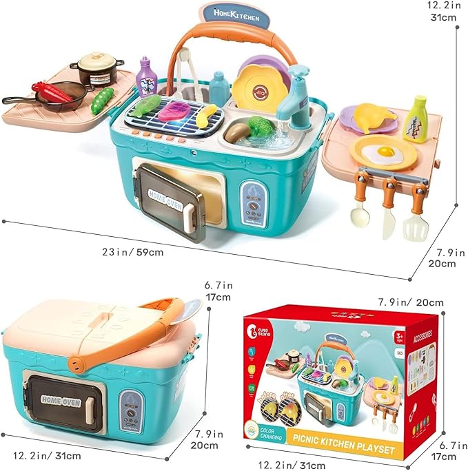 CUTE STONE Kids Picnic & Kitchen Playset,Portable Pinic Basket with Musics & Lights, Color Changing Play Foods, Sink,Pretend Play Oven and Other Accessories Toys for Boys and Girls