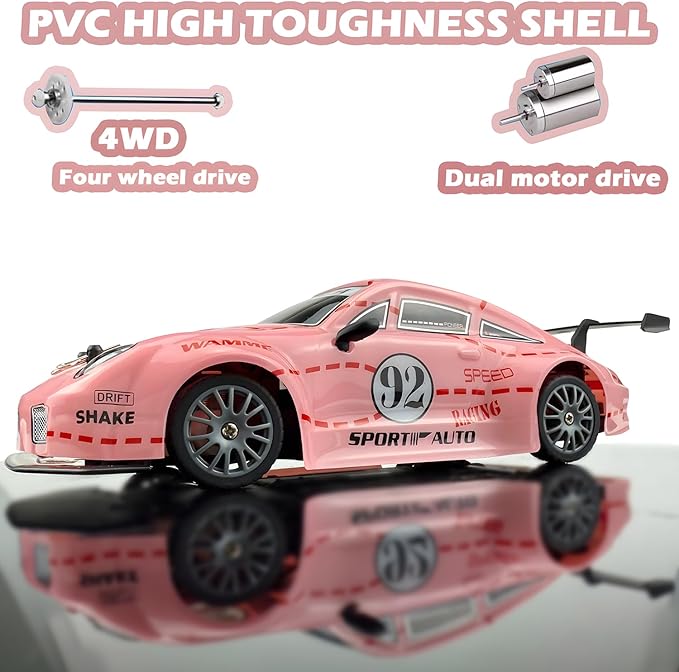 RC Drift Car 2.4GHz 1:24 Scale 4WD High Speed Remote Control Cars Vehicle with LED Lights Two Batteries and Drifting Tires Racing Sport Toy Cars for Adults Boys Girls Kids Pink