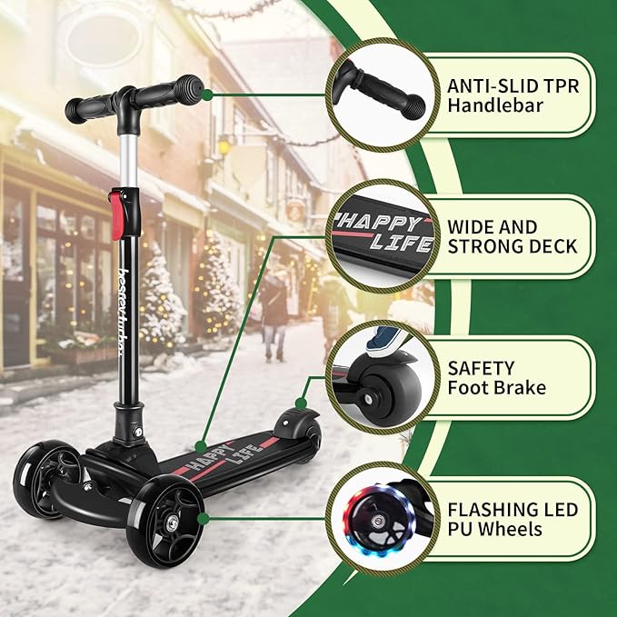 Besrey Kick Scooter for Kids Ages 3-10, 3-Wheel Folding Scooter with Adjustable Height, LED Light Wheels, Extra Wide Deck for Outdoor Activities