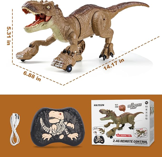 RC Tyrannosaurus Rex Dinosaur Toys for Kids 3-5, 5-7, 8-12, Remote Control T Rex Dino Robot Toy with Spray, Roar & Light, Birthday for 3 4 5 6 7 8 9 10 11 12 Year Old Boys (Brown)