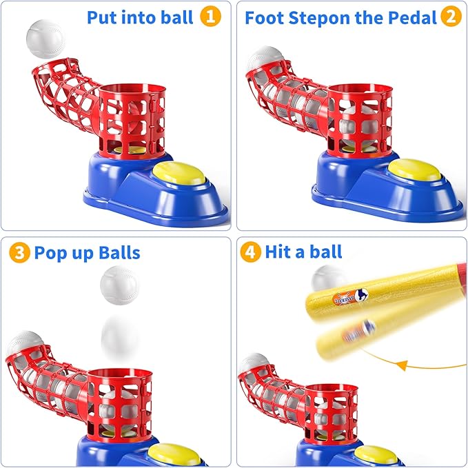 TEMI 2 in 1 Tee Ball Set for Kids 3-8, Kids Baseball T-Ball Set with 10 Balls, Step on Pitching Machine, Batting Tee, Outdoor Sport Toy Games for 3-12 Year Old Boys Girls Toddler