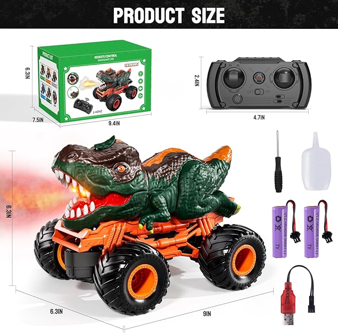 2.4GHz Remote Control Dinosaur Car Toys Gifts for 3-6 Year Old Kids, Remote Control Dinosaur Car Trucks Toys for Kids Boys 3-7 8-12