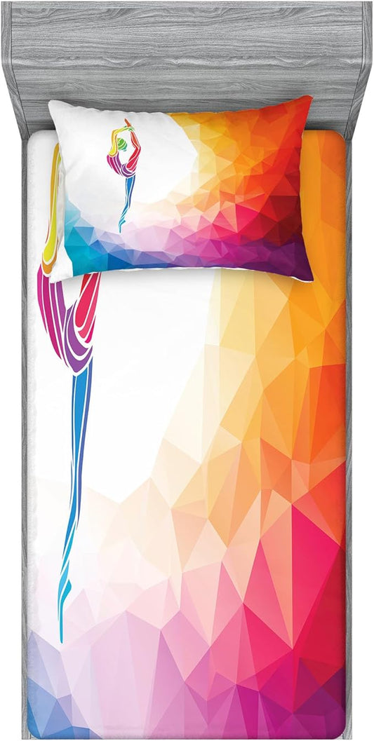 Ambesonne Gymnastics Fitted Sheet & Pillow Sham Set, Polygonal Pattern with Colorful Girl Design Acrobatic Composition Active Life, Decorative Printed 2 Piece Bedding Decor Set, Twinxl, Rainbow