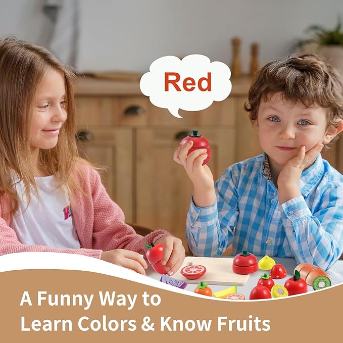 WHOHOLL Wooden Play Food for Kids Kitchen Playset, Play Kitchen Accessories Pretend Cutting Food Montessori Toys for 3+ Year Old with Basket, Toy Food for Fine Motor Skills