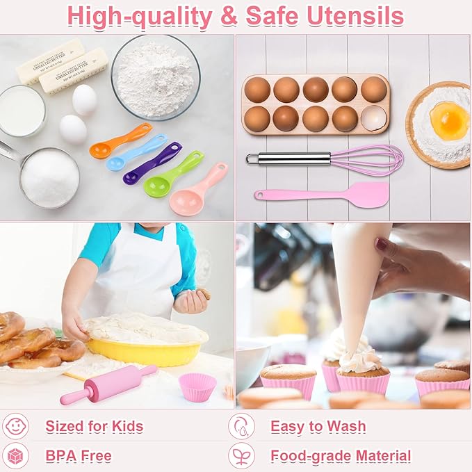 Anpro Complete Kids Cooking and Baking Set - 27 Pcs Includes Aprons for Girls, Chef Hat, Mitt & Utensil to Dress Up Chef Costume Career Role Play for 8-12 Years Girls