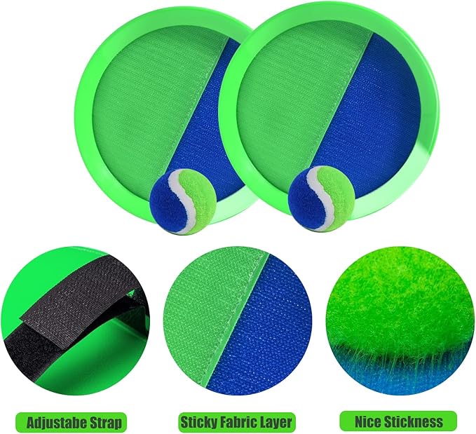 Toss and Catch Game Set - 2 Paddles, 2 Balls and 1 Storage Bag - Great Outdoor Toys/Gifts for Kids - Classic Beach and Yard Games (Blue and Green)