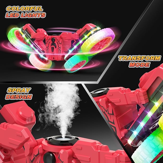 Remote Control Car,RC Cars with Sides Light and Headlights,360°Rotating 4WD Spray RC Stunt Car,2.4Ghz All Terrain Toy Car for Boys Age 4-7 Kids Toy for 8-12 Boys Girls Birthday Gift(Red)