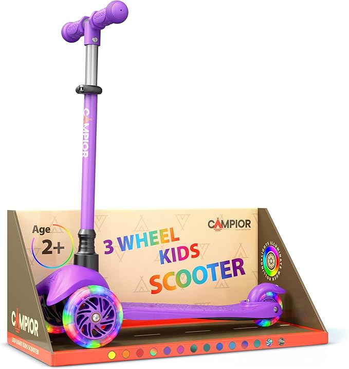 Purple Mini 3 Wheel Scooter for Kids – Lean-to-Steer with LED Light-Up Wheels, Adjustable Handlebar, Wide Anti-Slip Deck, Smooth PU Wheels, Rear Foot Brake – Toddler Scooter for Ages 2+