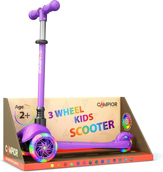 Purple Mini 3 Wheel Scooter for Kids – Lean-to-Steer with LED Light-Up Wheels, Adjustable Handlebar, Wide Anti-Slip Deck, Smooth PU Wheels, Rear Foot Brake – Toddler Scooter for Ages 2+
