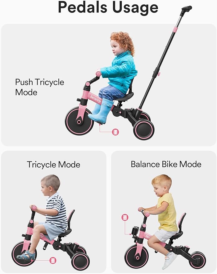 besrey 5 in 1 Toddler Bike, Toddler Tricycle for 1-3 Year Old, Trike with Push Handle, Backrest and Safety Belt, Birthday Gifts and Toys for Boys and Girls, Balance Bike