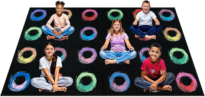 STARUIA Big Classroom Rug Educational Area Rug for Kids Room, 7.5x13 Abstract Black Carpet with Colorful Handpainted Circles, Stain-Resistant High-Traffic Kids Playroom Rugs for Elementary