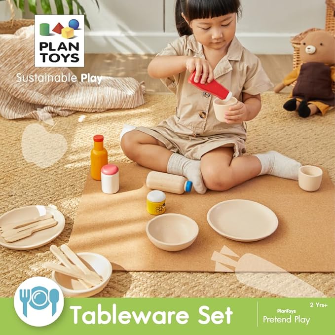PlanToys Play Dishes Wooden Tableware Set - Sustainably Made from Rubberwood Featuring 2 Plates, 2 Spoons, 2 Forks, 2 Knives, 2 Drinking Cups, and 2 Bowls
