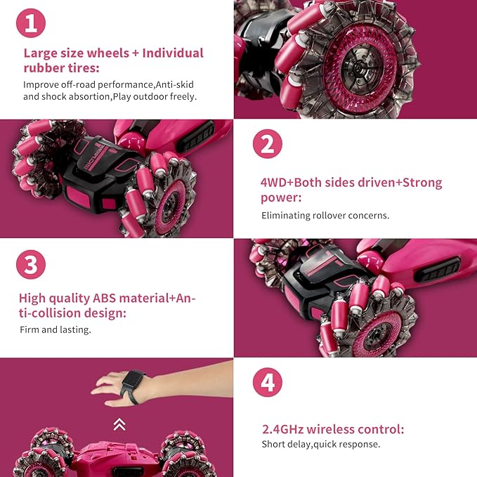 RC Stunt Car, 2.4GHz Remote Control Gesture Sensor Toy Cars, Double Sided Rotating Off Road Vehicle 360° Flips with Cool Lights, Spray， Music，for Boys and Girl 8-12 Year Old（Purplish red）