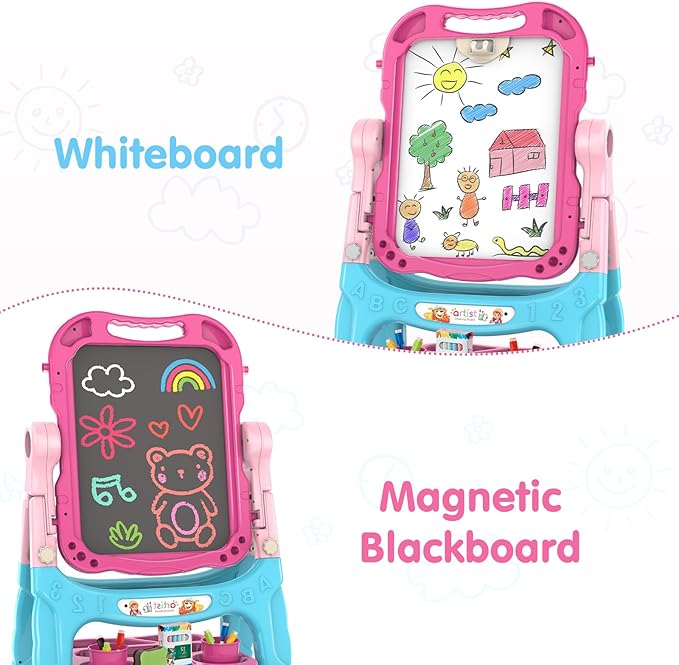 Amagoing Easel for Kids, Adjustable Standing Art Easel for Toddler, Double Chalk Drawing Board with Painting Accessories, Birthday Christmas Gift for Little Boys and Girls 3-5 Years Old