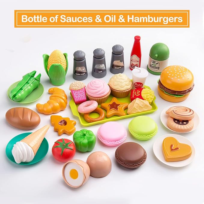 130Pcs Kitchen Playset, Toddler Pretend Cooking Play Pots, Pans, Utensils Cookware, Daily Food Fruit Veges, Shopping Storage Basket, Dessert, Prop Money, Learning Gift for Child （White）