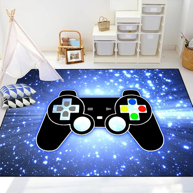 Game Video Gamepad Rugs, Boys Gamer Theme Carpets, Modern Gaming Space Blue Starry Sky Printed Large Carpets for Bedroom Living Room Mat Gaming Room Home Decor Mat