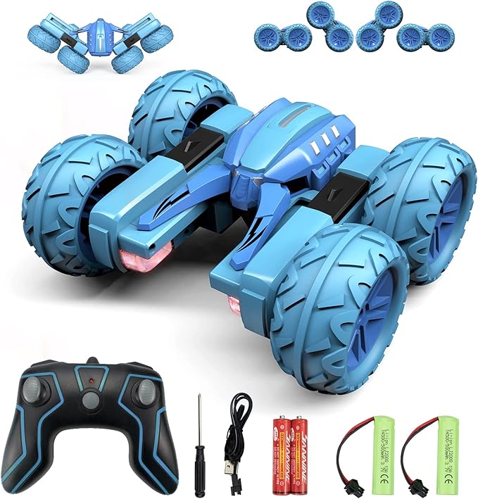 Remote Control Car Boy with Headlight, Hobby RC Car Stunt Kids Toy Gift for Boys Girls 6+ Years, Electric 4WD 2.4Ghz Double Side Rotating Race Vehicle 360° Flips Offroad Birthday Xmas