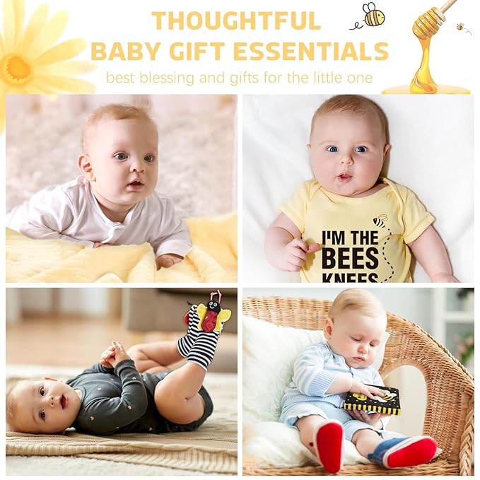 Baby Gift Set for Newborn, Bee Basket, High Contrast Baby Book Toys 0-6 Months Infant Rattle Socks Blanket Hat Onesie Baby Gifts Essentials for Girls Boys