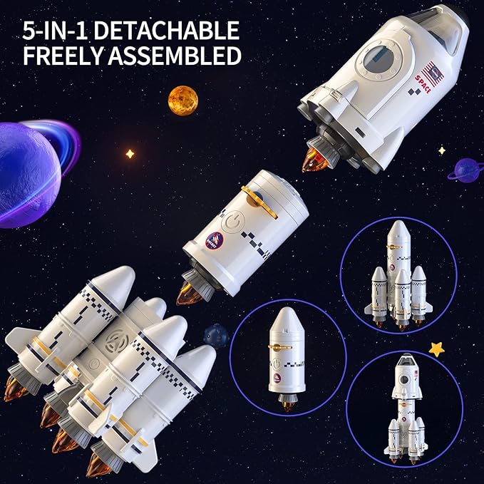 TEMI Space Rocket Spacecraft Toy for 3 4 5 6 7 8 9 Years Old Kids - 5-in-1 Airplane Educational Aerospace Set with 2 Astronauts, Projection Lamp, Outer Space Toy Gifts for Boys Girls 3+