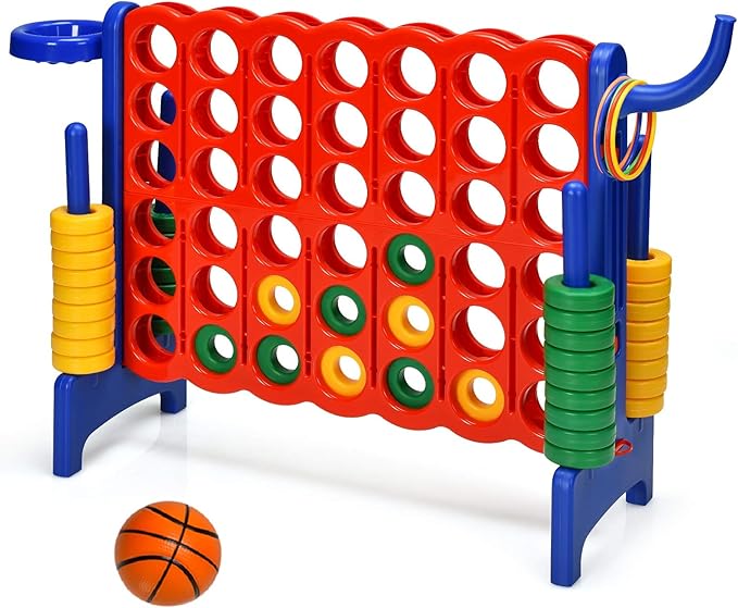 Costzon Giant 4-in-A-Row, Jumbo 4-to-Score Giant Game w/Basketball Hoop, Ring Toss, Quick-Release Slider, 42 Jumbo Rings, Indoor Outdoor Family Connect Game for Kids & Adults, Backyard Games, Blue