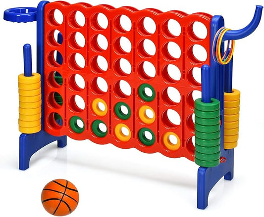 Costzon Giant 4-in-A-Row, Jumbo 4-to-Score Giant Game w/Basketball Hoop, Ring Toss, Quick-Release Slider, 42 Jumbo Rings, Indoor Outdoor Family Connect Game for Kids & Adults, Backyard Games, Blue
