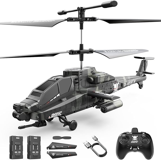 DEERC Apache RC Helicopter for Kids & Adults, Military Remote Control Helicopter Toy with LED Lights, 2 Batteries & USB-C Charging, 26 Mins Flight, Altitude Hold, Gift for Boys Ages 8-12