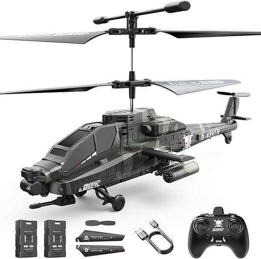 DEERC Apache RC Helicopter for Kids & Adults, Military Remote Control Helicopter Toy with LED Lights, 2 Batteries & USB-C Charging, 26 Mins Flight, Altitude Hold, Gift for Boys Ages 8-12