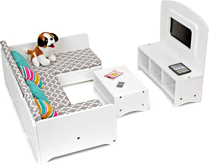 Playtime by Eimmie 18 Inch Doll Furniture Couch & Living Room Set – Wooden Playset with TV & Pet Accessories, Fits American, Generation, My Life & Similar 14”-18” Dolls