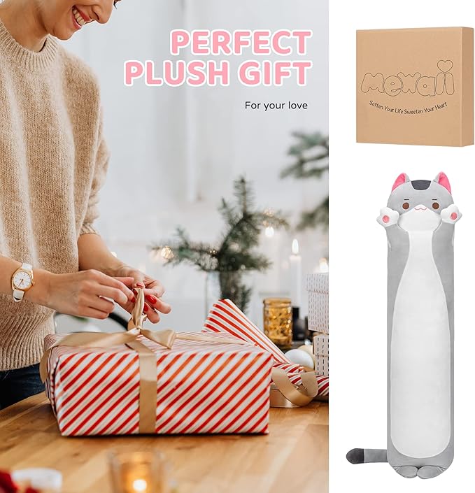 Long Cat Plush Body Pillow, Cute Gray Cat Stuffed Animals Kawaii Plushies, Squishy Body Pillow Plush Toys for Kids Girls Boys (28 Inches)
