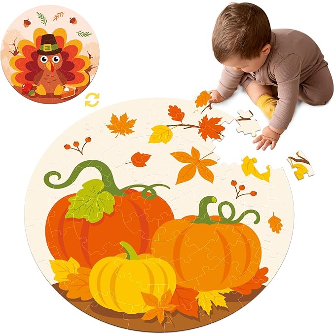 CiyvoLyeen Fall Thanksgiving Double Sided Floor Puzzle 22" Jigsaw Puzzles 70 Pieces Gifts for Kids Ages 3 and up Pumpkin and Turkey Puzzle