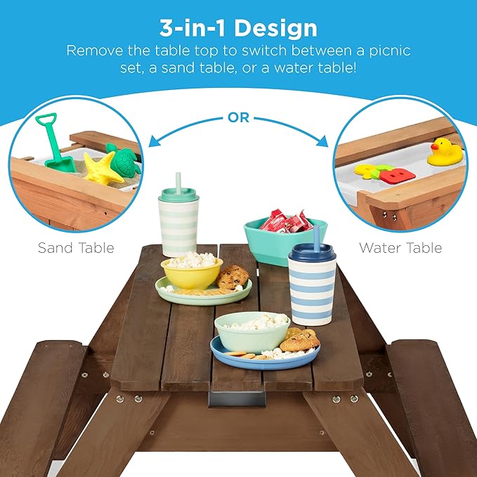 Best Choice Products Kids 3-in-1 Sand & Water Table, Wood Outdoor Convertible Picnic Table w/Umbrella, 2 Trays, Removable Top, 220lb Capacity Per Bench -Walnut/Red