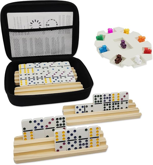Double 9 Dominoes Set with 4 Wooden Trays/Racks, Double Nine Dominos Travel Set with 4 Domino Tiles Holders, 55 Tiles Dominoes Game Set with Portable Case for Families