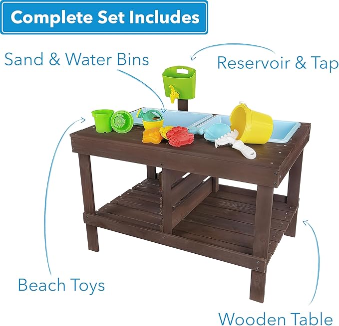 WONKAWOO Sand and Water Table for Toddlers | Outdoor Wooden Sensory Sand Table with 2 Plastic Bins, Built-in Water Tap and Beach Toys Included | Sand & Splash Oasis™ Standing Play Activity Table
