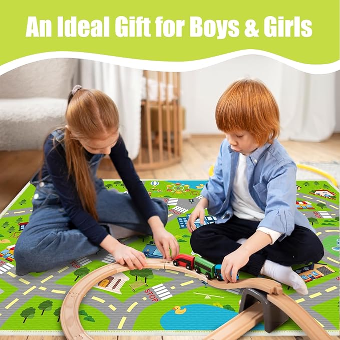 Kids Carpet Car Tack Rug Great for Kids Enjoy City Life- Play Learn Safely and Non Slip- Children Educational Road Rug Traffic Play Mat for Nursery Playroom Classroom（Greem01, 7'10" x 5'3"