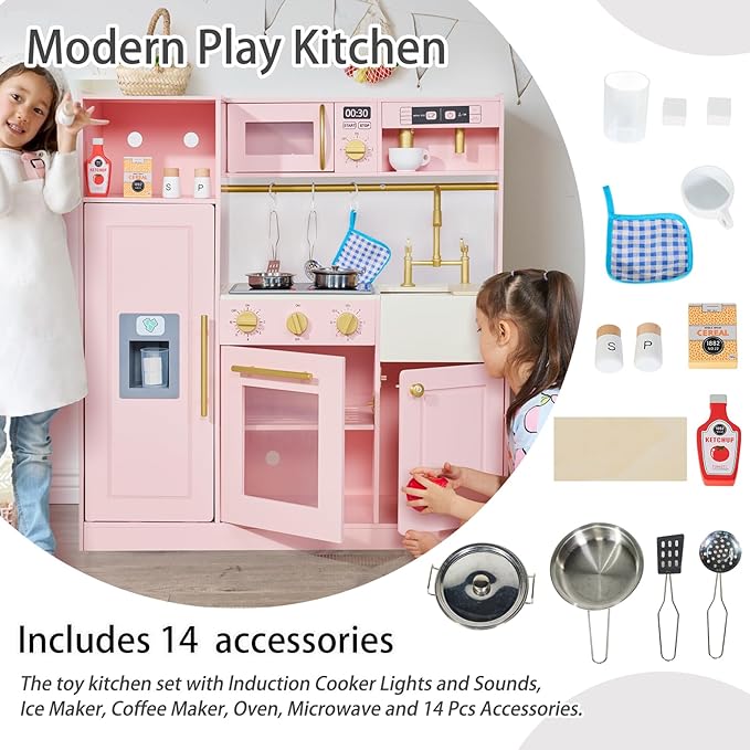 Kids Wooden Play Kitchen for Girls Pretend Toy Kitchen Playset with Real Lights and Sounds and 14 Pcs Fun Accessories, Toddler Pink Play Kitchen Set for Ages 3+