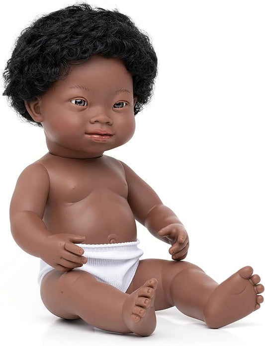 Miniland Baby Doll 15'' African Boy with Down Syndrome (Polybag) - Made in Spain, Anatomically Correct, Quality, Inclusion, Vanilla Scented