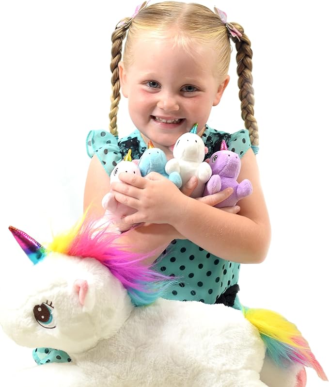 DreamsBe Unicorn Stuffed Animal with Mommy and 4 Baby Unicorns for Girls - Plush Mom Stuffie with Pocket for Babies in Her Tummy - Unicorn Gift for Girls Ages 3 4 5 6 7 8 9 Years