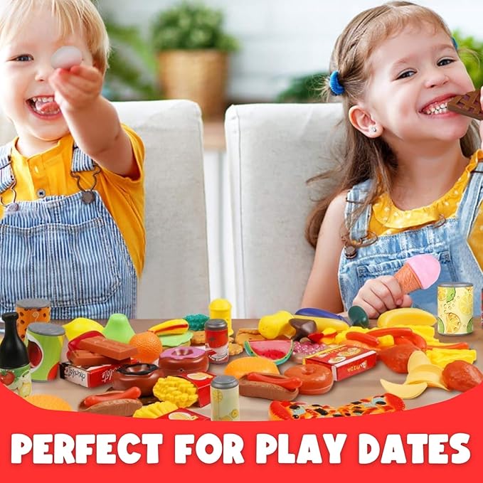 170 PCS Pretend Play Food Toys for Kids Kitchen - BPA-Free Mini Kitchen Accessories and Plastic Fake Food Toys with Veggies, Fruits, Pizza - Imaginative Play Set for Toddlers, Boys, Girls