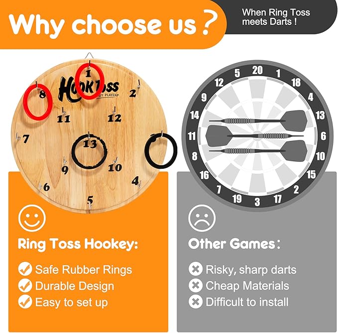 Hook Game Ring Toss for Adults & Kids, Wooden Board Dart Wall Game, Outdoor Indoor Games for Family and Friends, Played at Dorm, Beach, Party, Camping and Yard