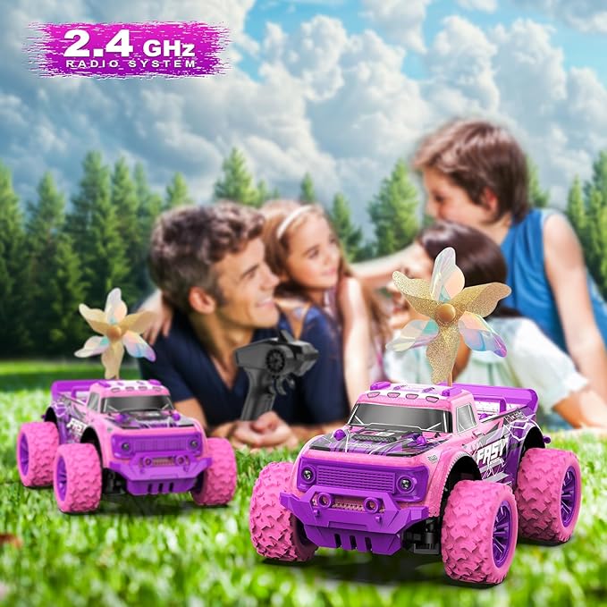Remote Control Car for Girls: 20Km/h All Terrain Fast RC Cars with Light and DIY Windmills - 2.4GHz Pink Purple Monster Truck Car Toys for 6 7 8 9 10 11 12 Girls Birthday Gift