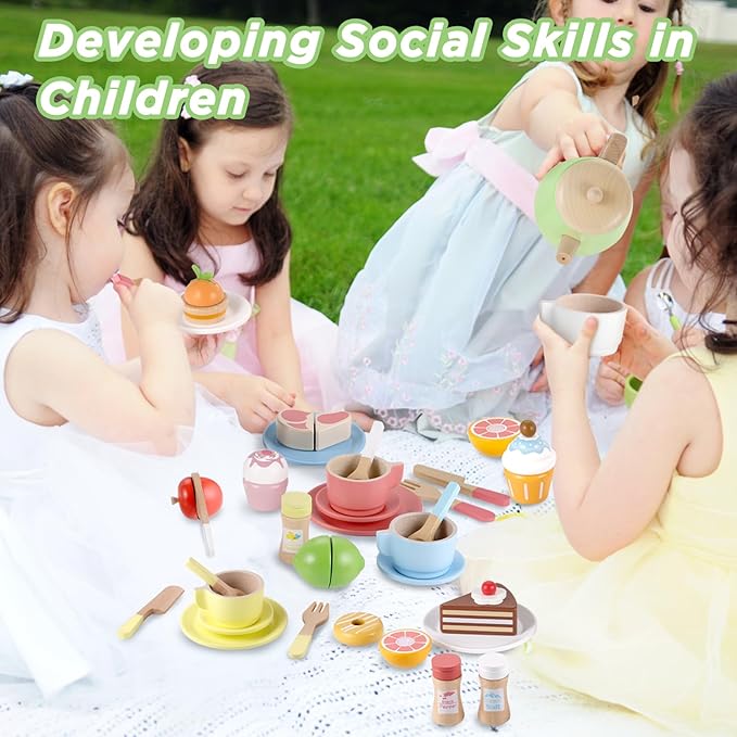 GAGAKU Wooden Tea Set and Wooden Play Dishes 2 in 1 Play Food Set Toy 28 PCS Montessori Wooden Play Kitchen Accessories Kitchen Toy for Toddlers Wooden Play Cooking Set for 3-8 Years Girls and Boys