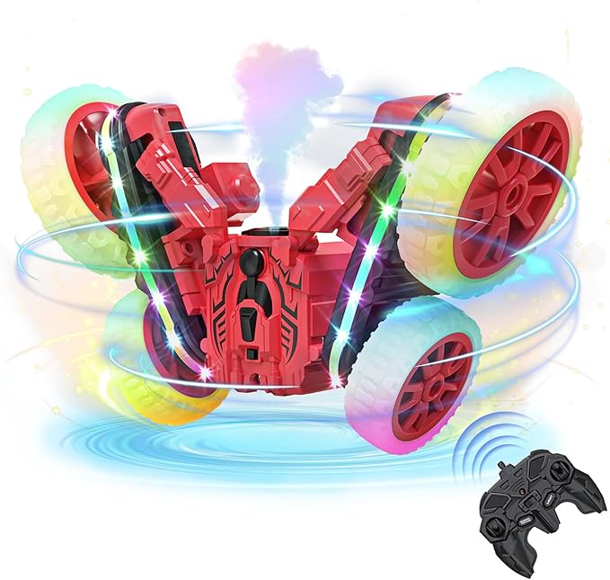 360°Rotating RC Cars with Cool,RC Cars with Sides Light and Headlights,2.4Ghz All Terrain Toy Car for Boys Girls Birthday Gift(Red)